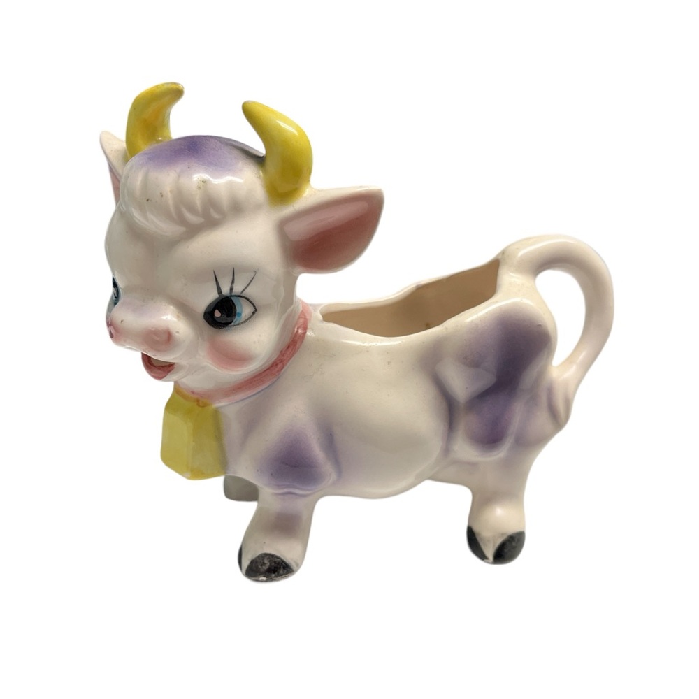 Vintage Purple Anthropomorphic Cow Creamer with Yellow Bell. Made in Japan.